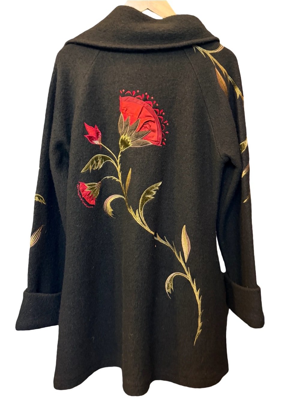 Gorgeous Statement Floral Embroidered Covelo Art Wear Black Wool Coat 🌹 Sz L - Picture 5 of 16